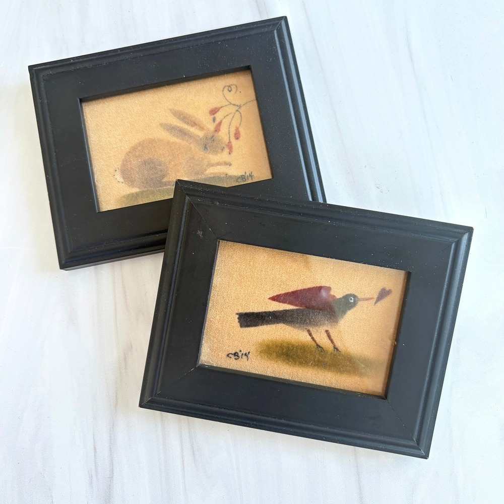Carole Behrer 2014 Original Miniature Framed Art Set Rabbit Bird With Heart